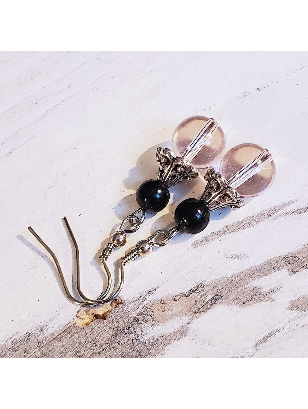 Eclectic Black Light Pink Glass Bead Antiqued Silver Fancy Bead Cap Earrings